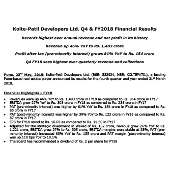 KOLTE PATIL Q4 FY18 FINANCIAL RESULTS - PRESS RELEASE - Life Republic
